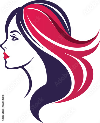 Elegant Woman Profile:  Stylish vector illustration of a woman's profile with flowing, crimson and dark-blue hair.  Perfect for beauty, fashion, and hair salon branding.