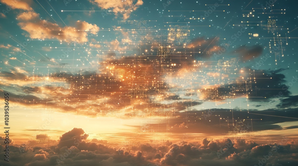 Digital cloud and data overlays on a sky background, symbolizing ai-powered weather prediction and climate modeling. Digital cloud and data overlays on a sky background, symbolizing ai-powered weather prediction and climate modeling.