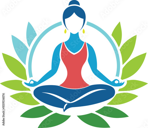 Inner Peace and Balance: A serene woman meditating in a lotus pose, encircled by vibrant green leaves, symbolizing tranquility and harmony.  