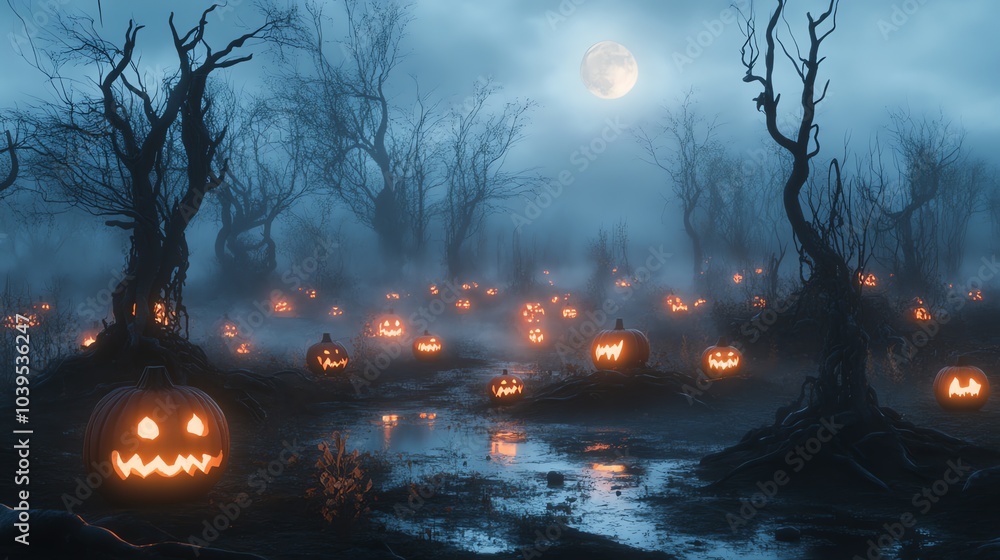 A spooky Halloween scene with glowing jack-o'-lanterns in a foggy forest.