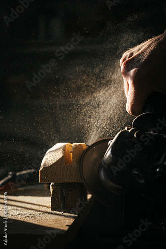 Woodworking process with sawdust flying in warm sunlight