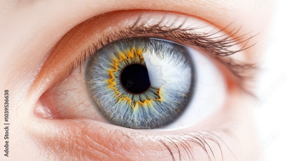 Fototapeta premium A detailed view of a blue eye with a yellow ring circling its iris center
