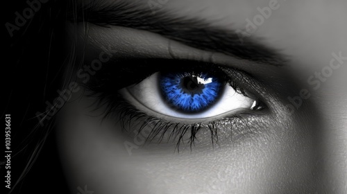  A tight shot of an eye, displaying a blue eyeball encircled by the iris