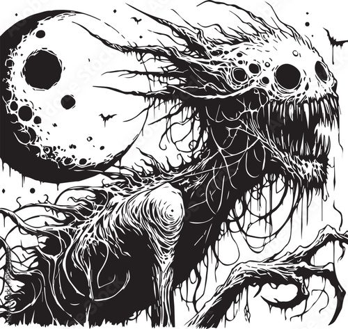 A drawing of a creepy creature with a moon in the background whirt