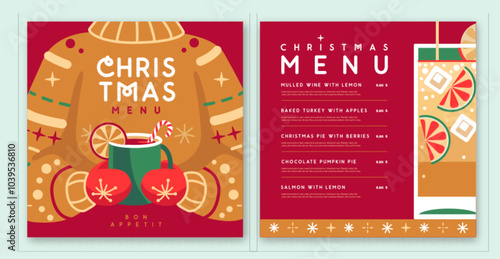 Restaurant Christmas holiday menu design with knitted sweater and hot cup of tea. Vector illustration