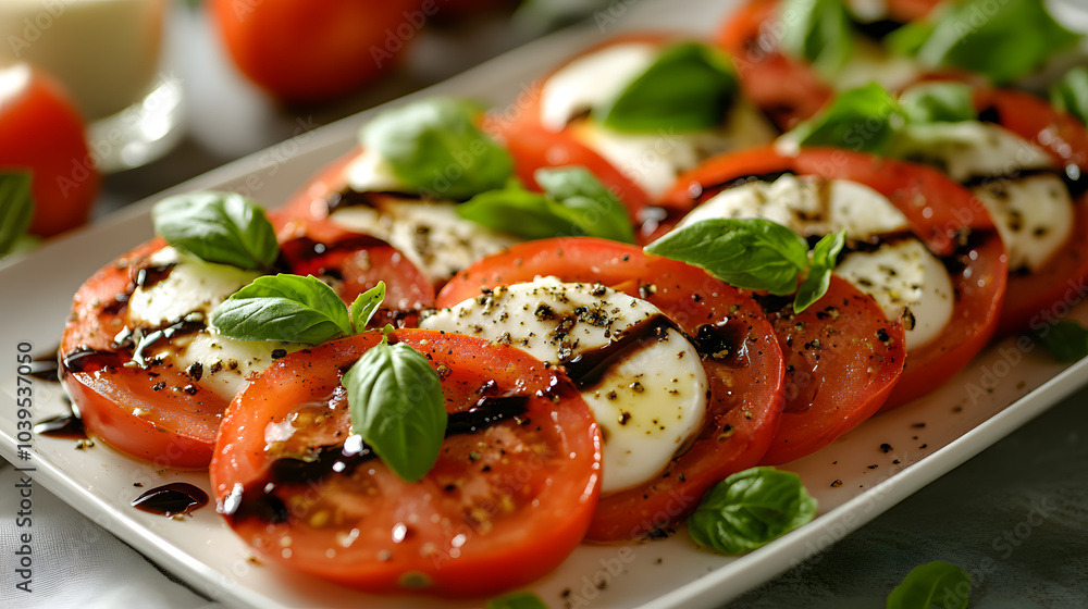 A fresh and light Caprese salad with ripe tomatoes, mozzarella slices, fresh basil leaves, and a drizzle of balsamic glaze, served on a white platter A fresh and light Caprese salad with ripe tomatoes, mozzarella slices, fresh basil leaves, and a drizzle of balsamic glaze, served on a white platter