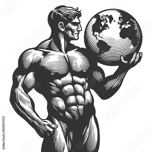 Muscular man holding the Earth, symbolizing strength and power. Classic heroism and determination sketch engraving generative ai vector illustration. Scratch board imitation. Black and white image.