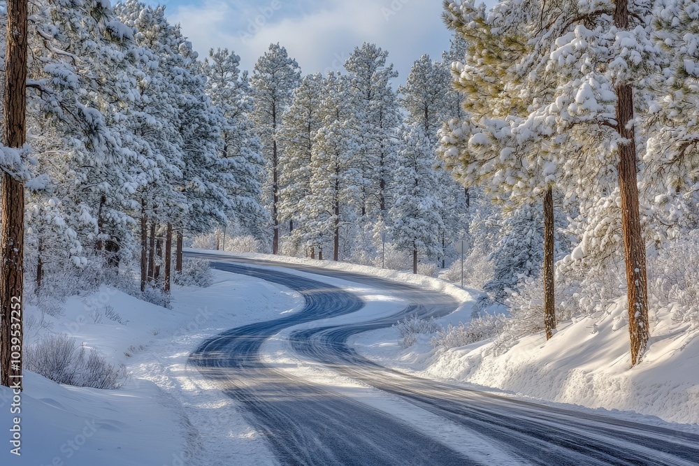 A gentle curve in a snowy road meanders through a pine forest, illuminated by bright winter light, revealing the tranquil elegance of a frosty landscape. A gentle curve in a snowy road meanders through a pine forest, illuminated by bright winter light, revealing the tranquil elegance of a frosty landscape.
