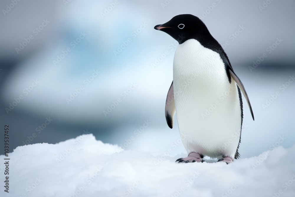 Obraz premium Standing alone, an Adélie penguin surveys the white icy plains of Antarctica, its presence epitomizing the strength and survival instinct in harsh conditions.