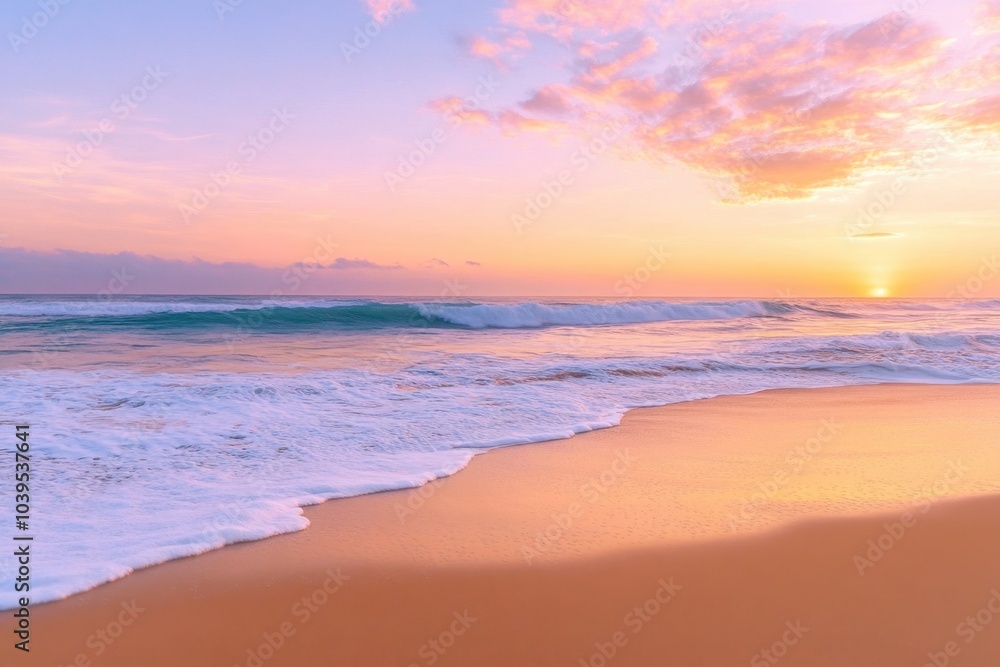 Obraz premium A serene sunrise on a deserted beach, with golden sands stretching into the horizon, gentle waves lapping the shore, and the first light of day painting the sky in hues of pink, orange, and purple