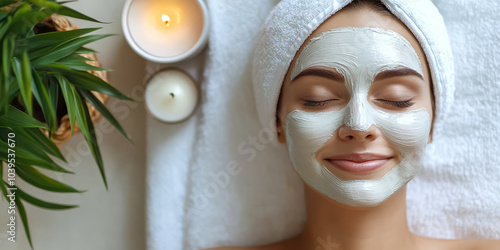 woman enjoys relaxing spa treatment with facial mask, surrounded by candles and plants, creating serene atmosphere. Her content expression reflects tranquility and self care