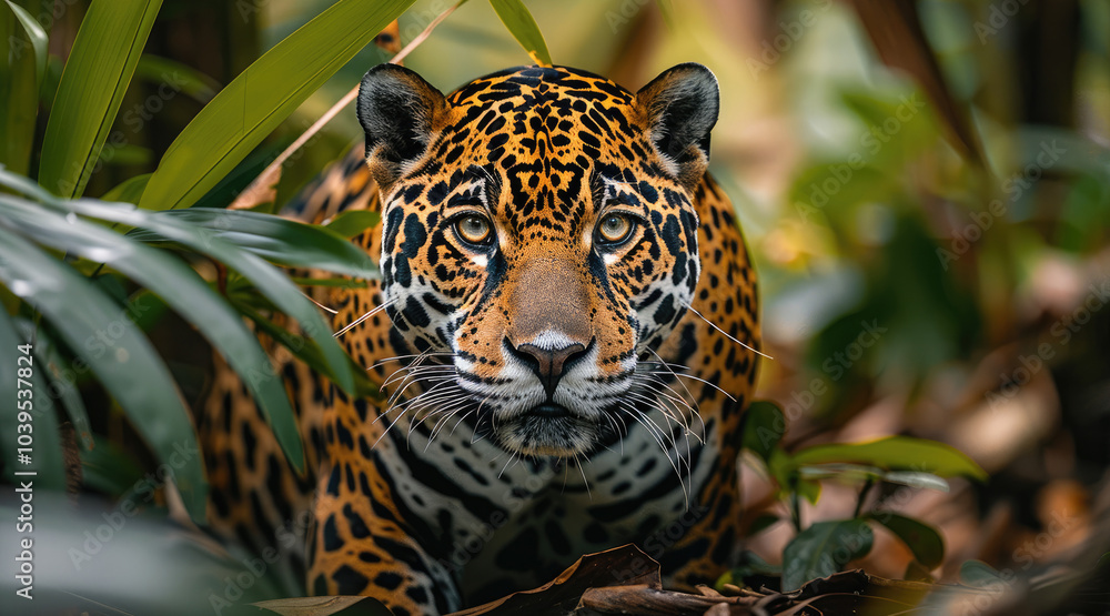 A wild Jaguar in forest, rainforest environment. A wild Jaguar in forest, rainforest environment.