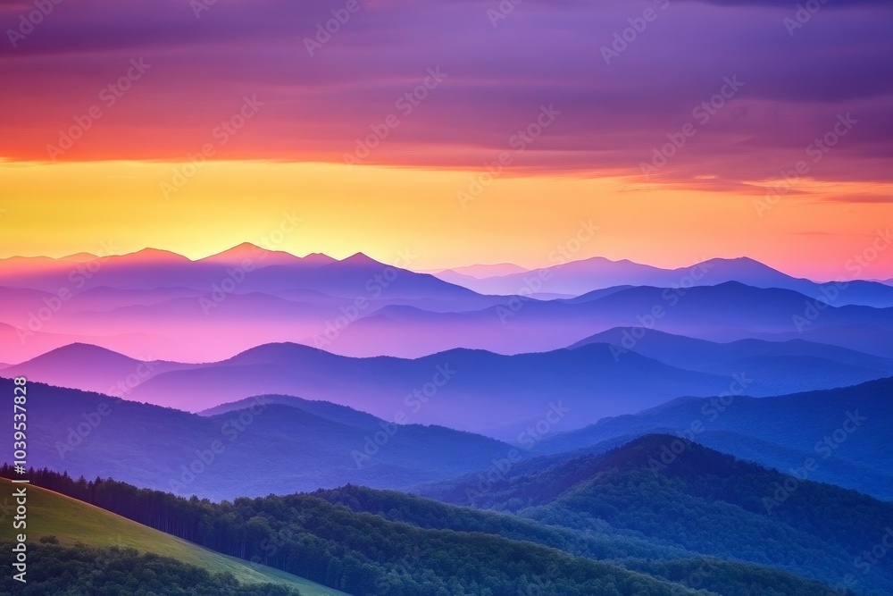 Obraz premium A stunning sunset casting vivid colors across the sky, as layers of distant mountain ranges create a breathtaking view, blending hues of pink, purple, and orange.
