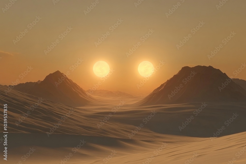 A mesmerizing view of an alien desert landscape with two glowing suns on the horizon, casting warm light over rugged mountains and sandy dunes, evoking otherworldly wonder. A mesmerizing view of an alien desert landscape with two glowing suns on the horizon, casting warm light over rugged mountains and sandy dunes, evoking otherworldly wonder.