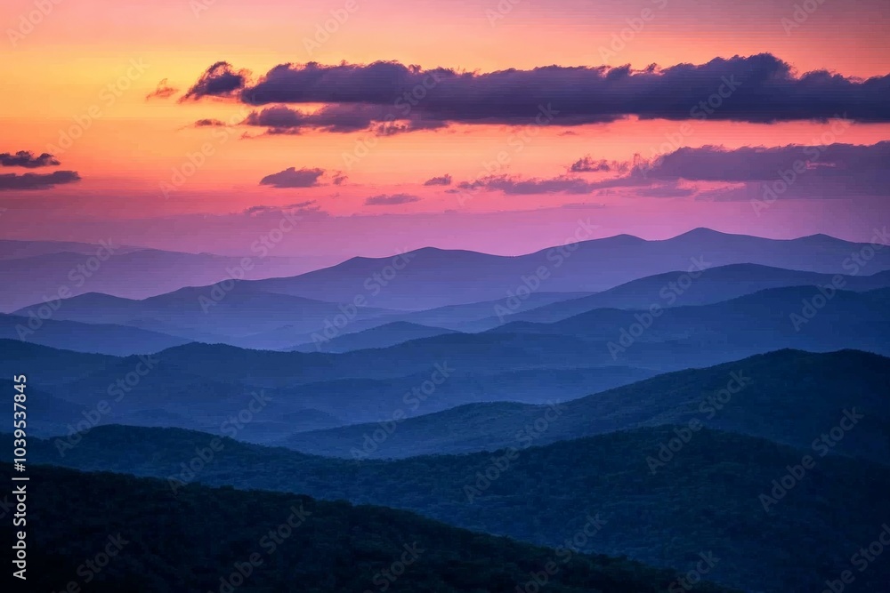 Layers upon layers of mountains fade into the horizon, under a soft, glowing sunset sky, radiating peacefulness and depth over the tranquil landscape. Layers upon layers of mountains fade into the horizon, under a soft, glowing sunset sky, radiating peacefulness and depth over the tranquil landscape.