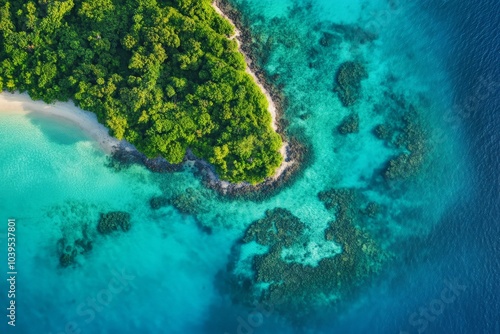 A stunning aerial view captures a lush, green tropical island bordered by turquoise ocean waves, enveloped in a serene and picturesque natural environment. photo