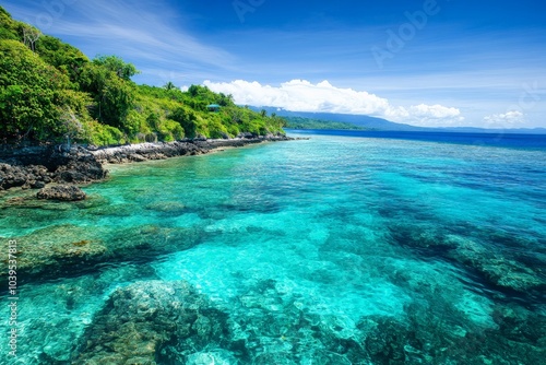 A beautiful coastal landscape features lush greenery and shimmering, clear waters under a sunny sky, creating a peaceful and enchanting natural oasis.