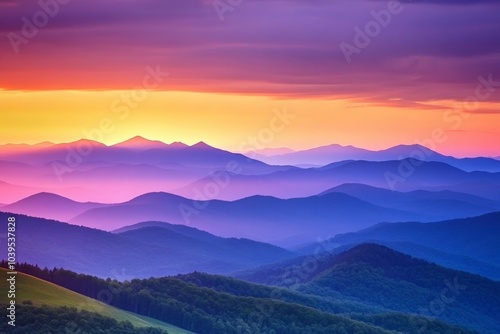 A stunning sunset casting vivid colors across the sky, as layers of distant mountain ranges create a breathtaking view, blending hues of pink, purple, and orange.