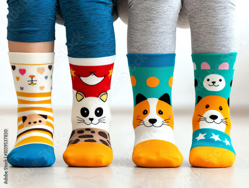 Joyful kids in colorful animal socks having fun on the floor with laughter and playful energy