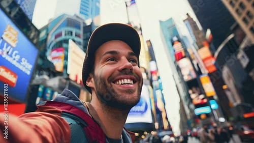 Smiling Tourist Young Man Taking Selfie with Smartphone in Manhattan with skyscrapers, Times Square; New York City – Travel and Adventure Concept