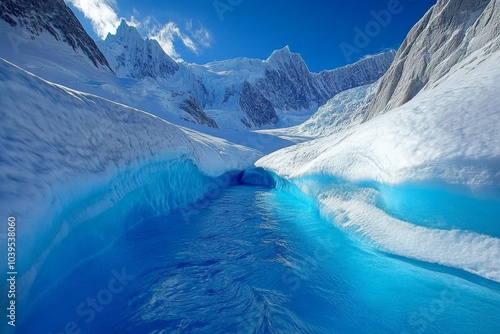 A stunning view of a glacier with a bright blue ice water stream running through it, surrounded by snow-capped mountains and clear blue skies, showcasing nature's beauty. photo