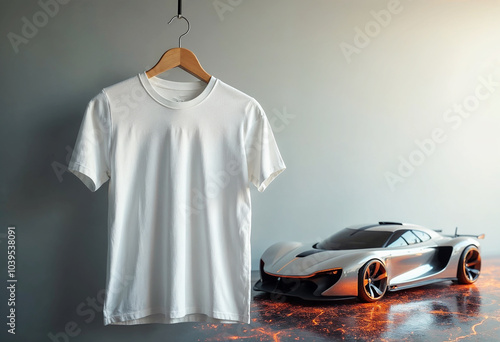 A white blank t-shirt hanging on a hanger, with a futuristic sports car in the background. photo