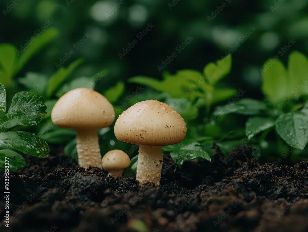 Mushrooms thrive in damp soil, nestled among vibrant forest vegetation, showcasing nature's rich biodiversity. Mushrooms thrive in damp soil, nestled among vibrant forest vegetation, showcasing nature's rich biodiversity.