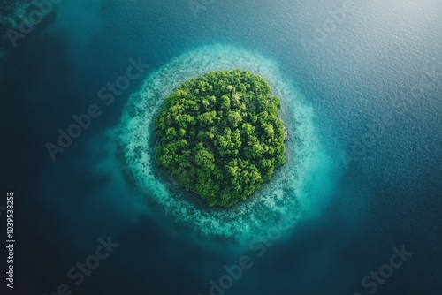 This image captures a stunning aerial view of a small, lush green island surrounded by the vast, deep blue ocean, highlighting nature's untouched beauty and tranquility.