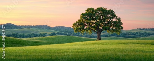 Lone tree amidst lush green landscape during a beautiful sunset.