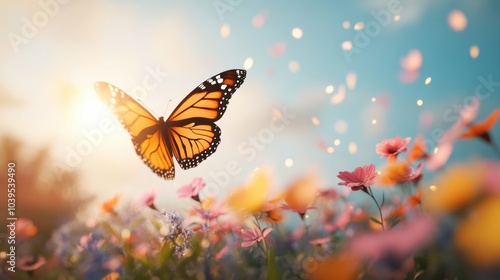 A monarch butterfly landing on a flower in a field of blooming wildflowers, surrounded by solar panels reflecting the sun rays.