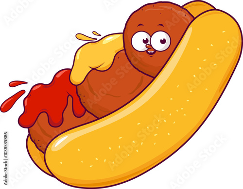 Cartoon meatballs sandwich with mustard and ketchup sauce. Fast food sub sandwich with tasty meatball character. Street food restaurant mascot. Vector illustration