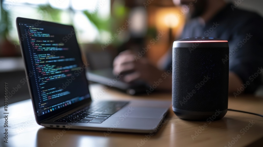 A person coding on a laptop with a smart speaker beside it, showcasing a modern workspace with digital technology and greenery in the background. A person coding on a laptop with a smart speaker beside it, showcasing a modern workspace with digital technology and greenery in the background.