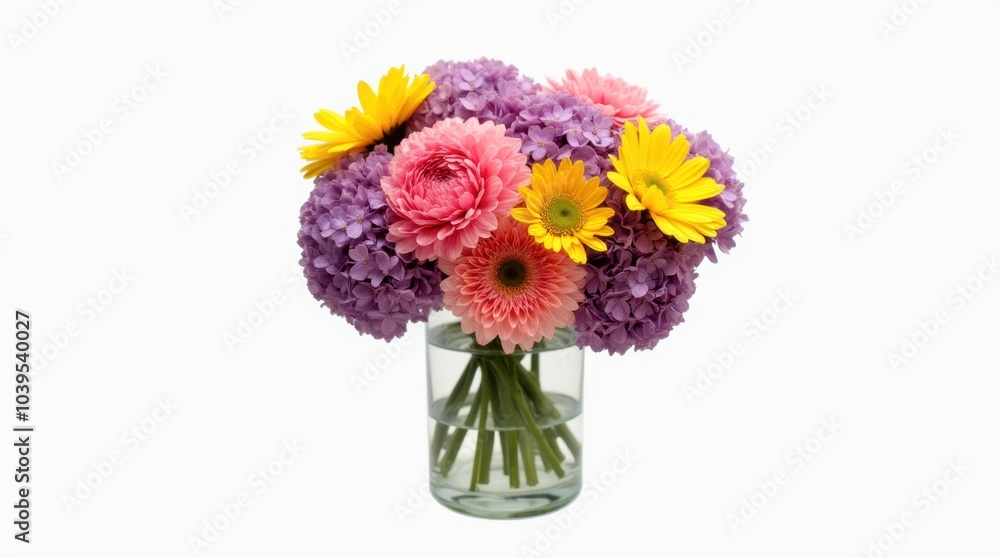 Obraz premium A single bouquet of assorted flowers showcases bright pink peonies, sunny yellow daisies, and deep purple blooms.