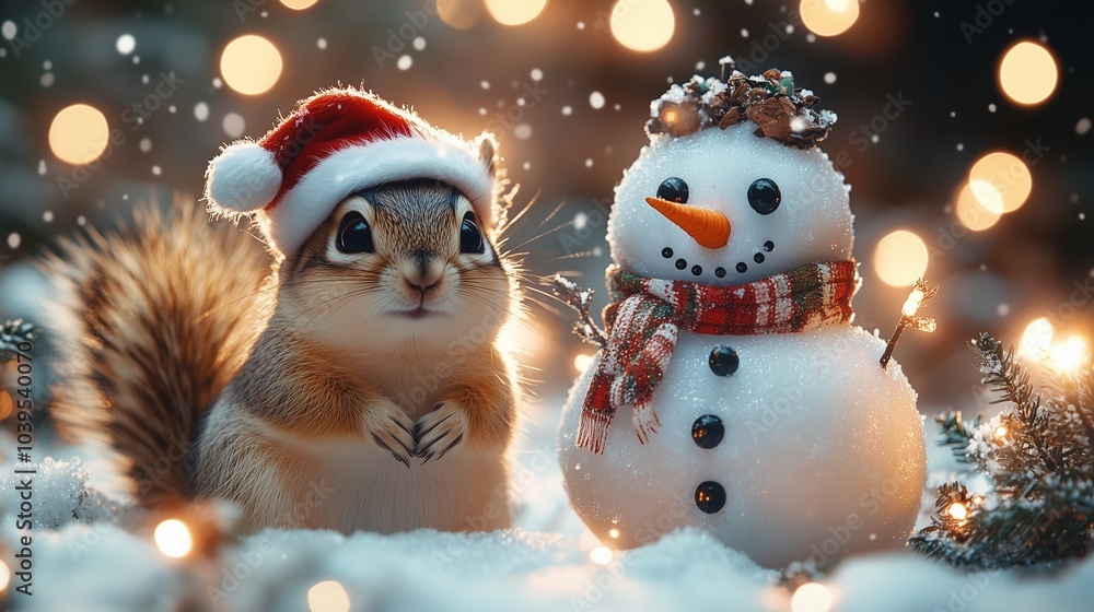 Cute chipmunk and snowman Christmas background with snowflake with copy space Cute chipmunk and snowman Christmas background with snowflake with copy space