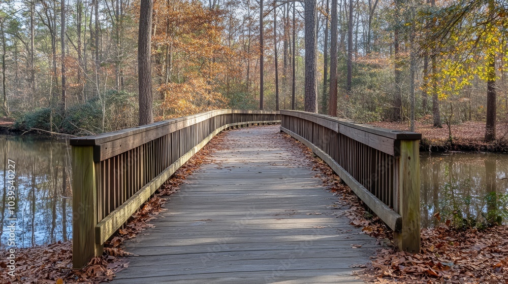 A wooden bridge traverses a body of water in a wooded locale Fallen leaves cover the ground, and trees populate the background A wooden bridge traverses a body of water in a wooded locale Fallen leaves cover the ground, and trees populate the background