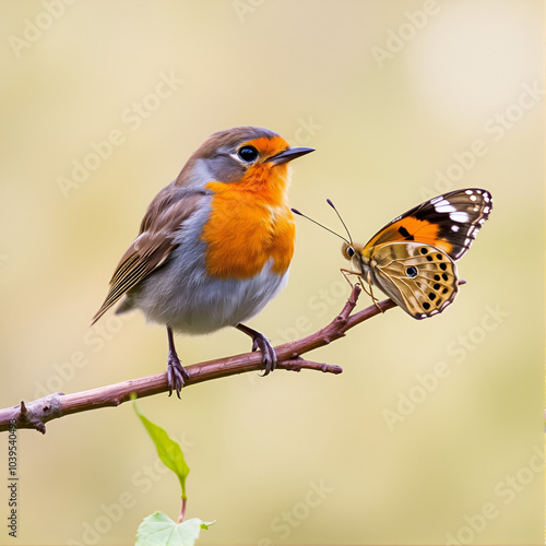 A vibrant natural tableau showcasing a diminutive robin perched vigilantly near a butterfly perched on a twig. photo