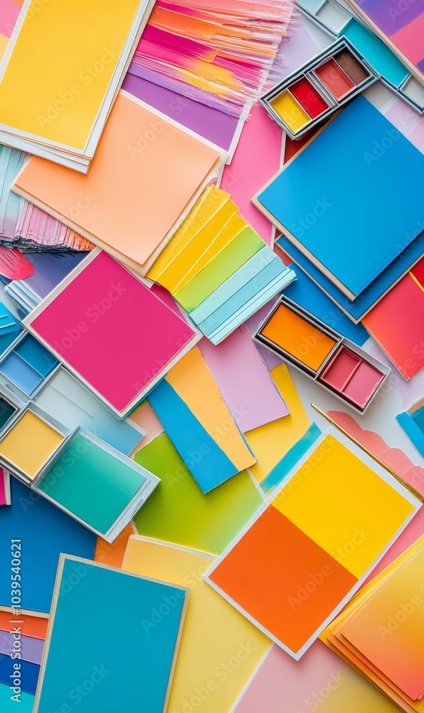 Colorful paint swatches and palettes on a white surface. Colorful paint swatches and palettes on a white surface.