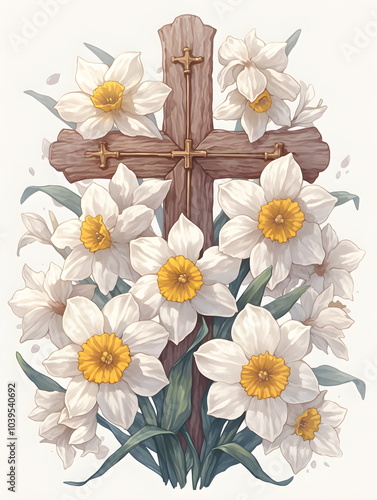 Cross surrounded by flowers on a white isolated background, religious Easter symbols. Design for a greeting card for the holiday Easter