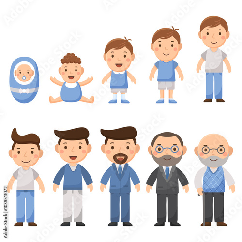 Men characters set of characters in a flat style. The cycle of life, growing up male. From infant to grandfather.