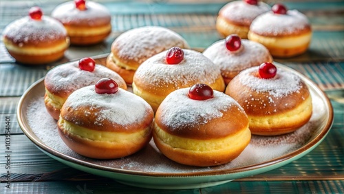 Delicious Sufganiyot Jelly Donuts Topped with Powdered Sugar on a Decorative Plate