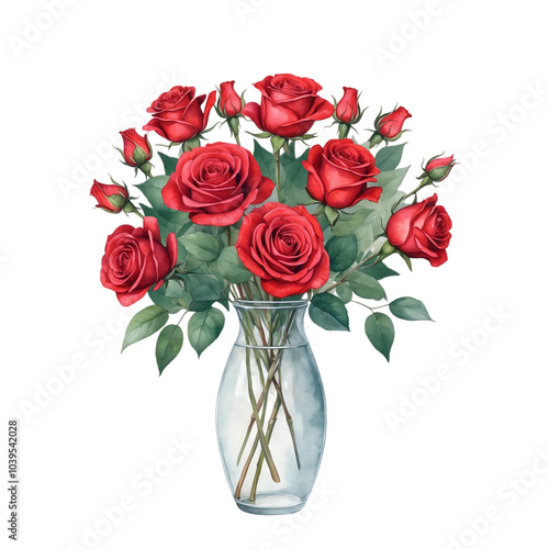 Red rose bouquet with isolated background, Watercolor red roses in glass vase with isolated background, Minimalist watercolor red roses with isolated background.
