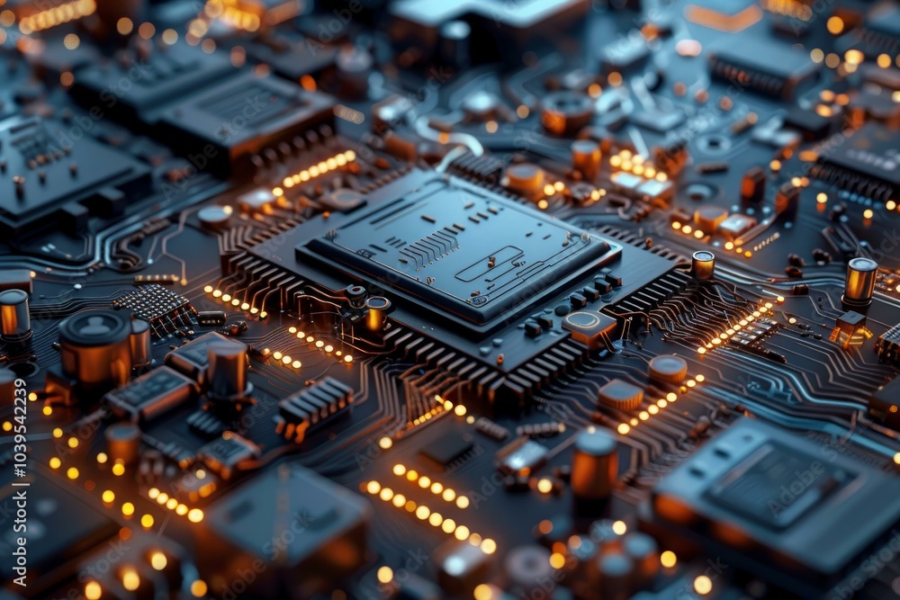 Modern cpu processor transforming information while illuminating the surrounding circuit board Modern cpu processor transforming information while illuminating the surrounding circuit board