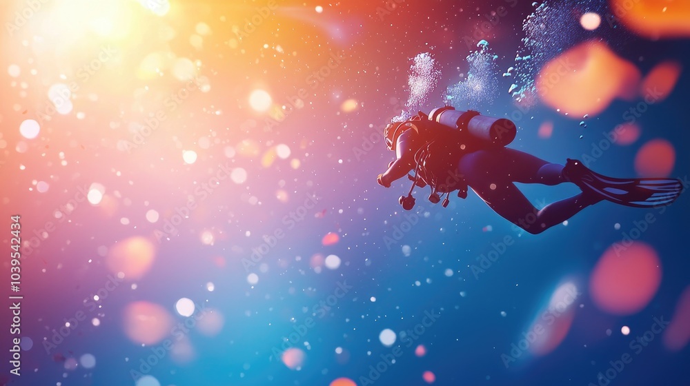 Naklejka premium Underwater Diver in Vibrant Colorful Scene