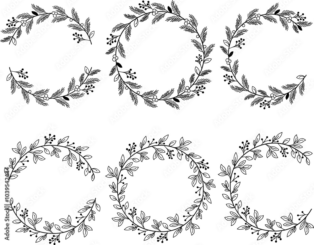 Monochrome Christmas Wreath Circle And Semi Circle Frames Set. Elegant, Minimalist Design. Black And White Vector Illustration For Holiday Decor, Invitations, Greeting Cards, And Festive Border. Monochrome Christmas Wreath Circle And Semi Circle Frames Set. Elegant, Minimalist Design. Black And White Vector Illustration For Holiday Decor, Invitations, Greeting Cards, And Festive Border.
