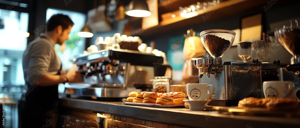 Barista prepares coffee in cozy cafe Barista prepares coffee in cozy cafe