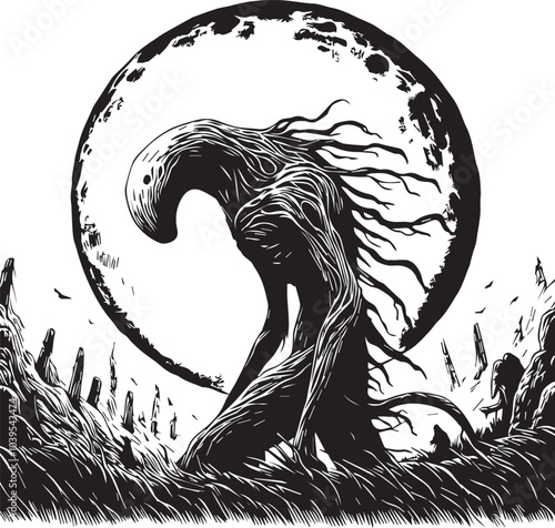 A ghost in a dark forest with a full moon in the background