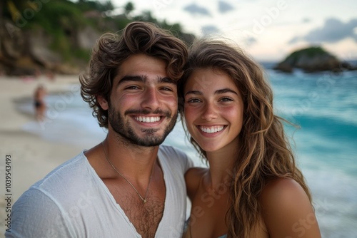 Beautiful young couple on beach vacation, Generative AI