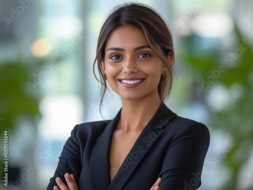 Indian businesswoman smiling with crossed arms in office