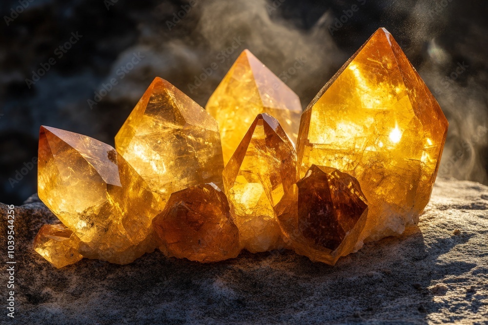 A stunning cluster of golden crystals gleaming brightly under a soft sunlight, with a backdrop of misty atmosphere enhancing its enchanting brilliance. A stunning cluster of golden crystals gleaming brightly under a soft sunlight, with a backdrop of misty atmosphere enhancing its enchanting brilliance.