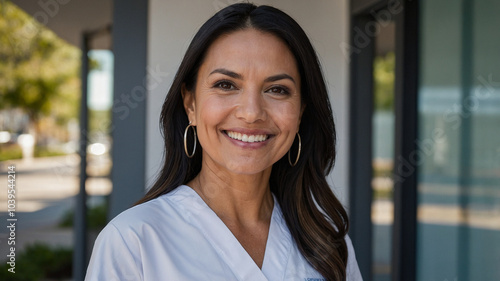 Free Download Latin skin care clinic owner smiling at the camera in front of the clinic - GFXLoad